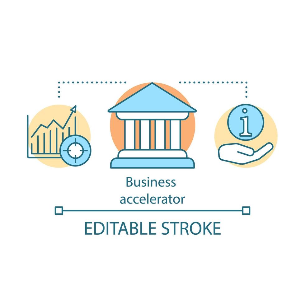 Business accelerator concept icon. Loan program. Training and investing businessmen. Business information support idea thin line illustration. Vector isolated outline drawing. Editable stroke