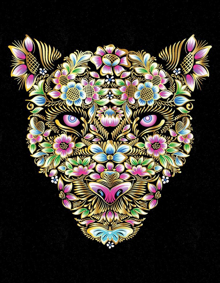 jaguar floral en contorno dorado vector