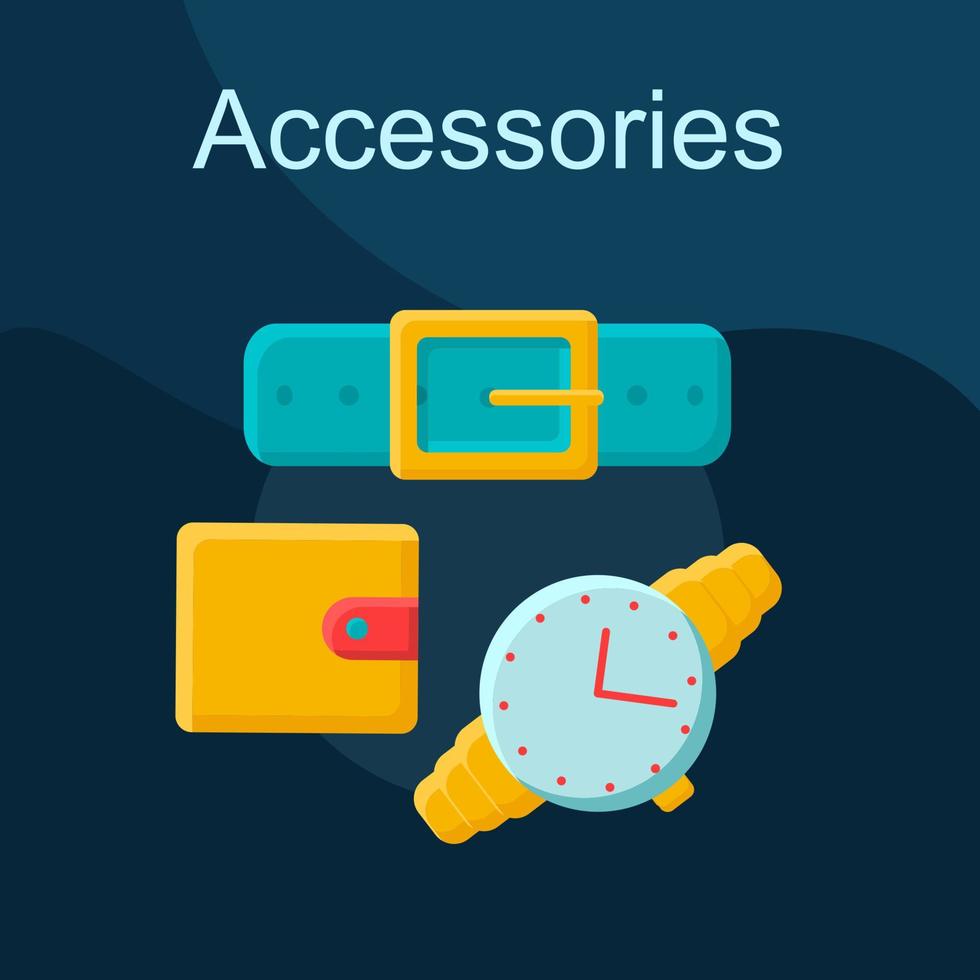 icono de vector de concepto plano de accesorios para hombres. conjunto de ilustraciones en color de dibujos animados de ideas de moda para hombres. billetera, reloj de pulsera y cinturón. tienda de accesorios masculinos. estilo formal. elemento de diseño gráfico aislado