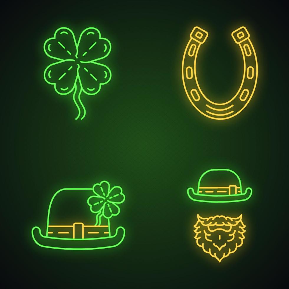 conjunto de iconos de luz de neón del día de san patricio. fiesta de san Patricio. bombín, duende, herradura, trébol de cuatro hojas. mascotas de buena suerte. signos brillantes. Ilustraciones de vectores aislados