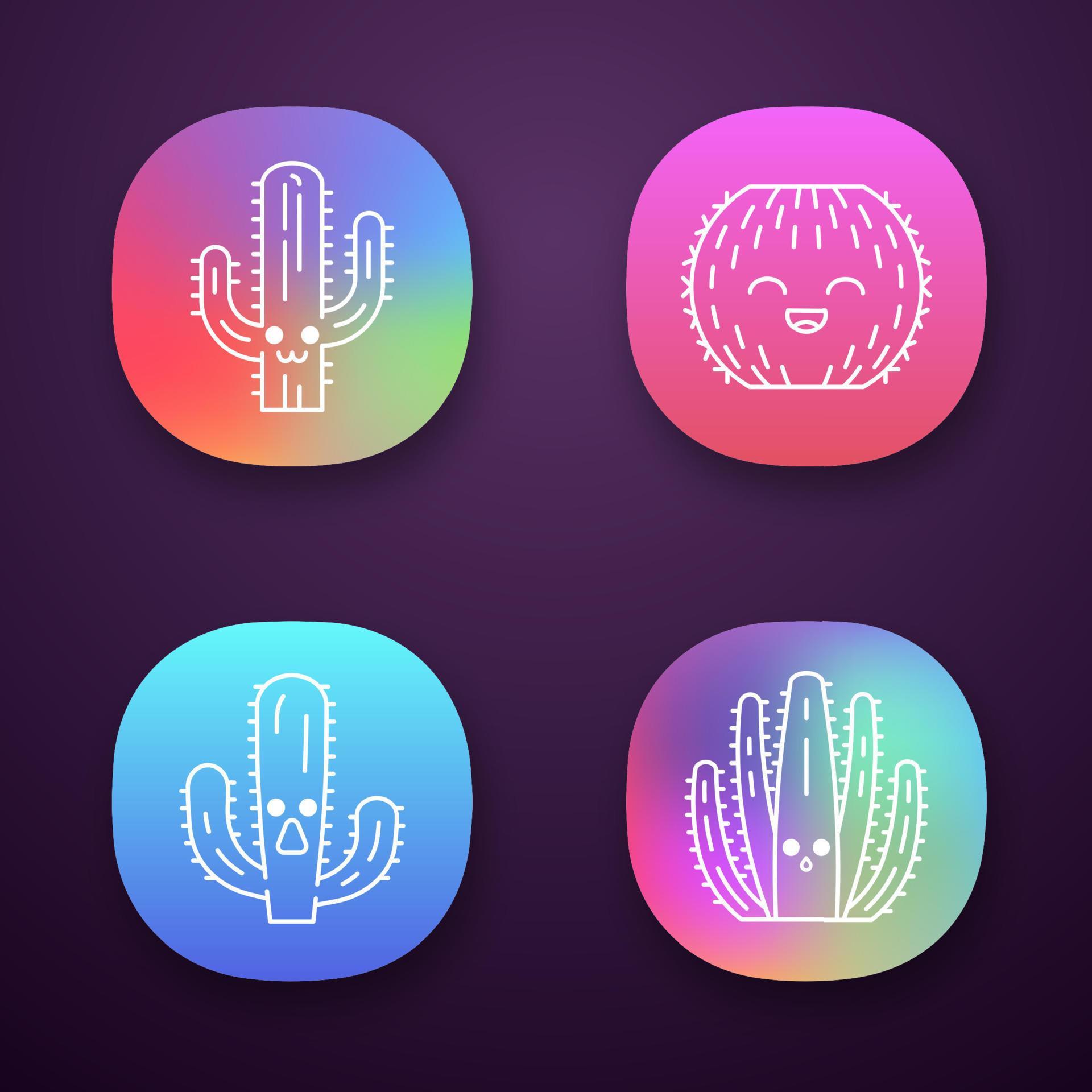 Cactuses app icons set. Plants with smiling faces. Laughing barrel