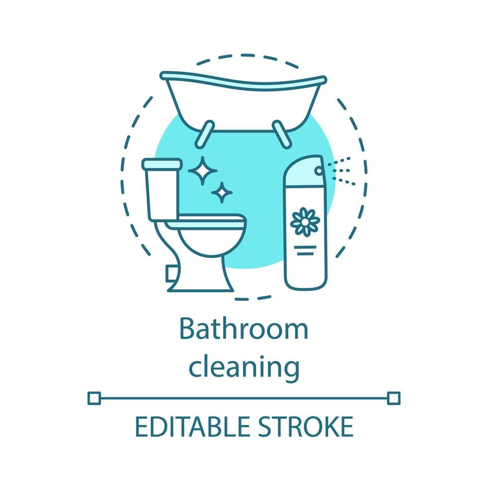 Bathroom cleaning concept icon. Home cleanup idea thin line illustration. Mopping, wiping, dusting. Clutter clearing. Bath and toilet washing. Vector isolated outline drawing. Editable stroke