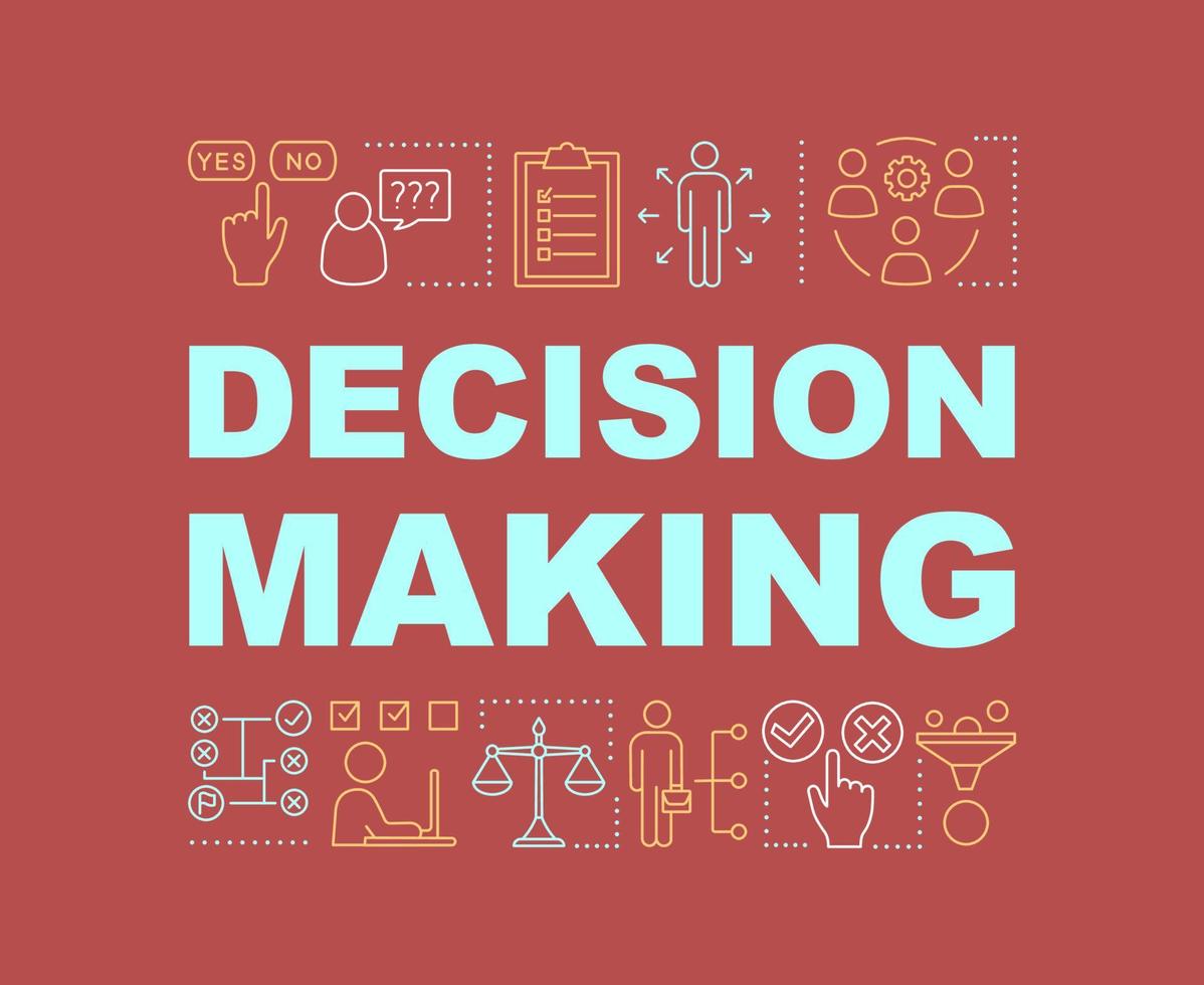 Decision making word concepts banner. Decisiveness, planning, teamwork. Isolated lettering typography idea with linear icons. HR soft skills. Vector outline illustration