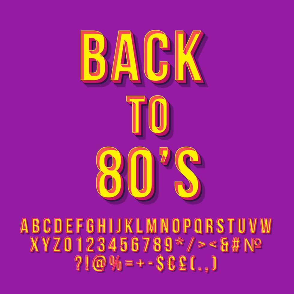Back to 80s 3d vector lettering. Retro bold font. Pop art stylized text. Old school style letters, numbers, symbols pack. Vintage poster, banner, t shirt typography design. Purple color background