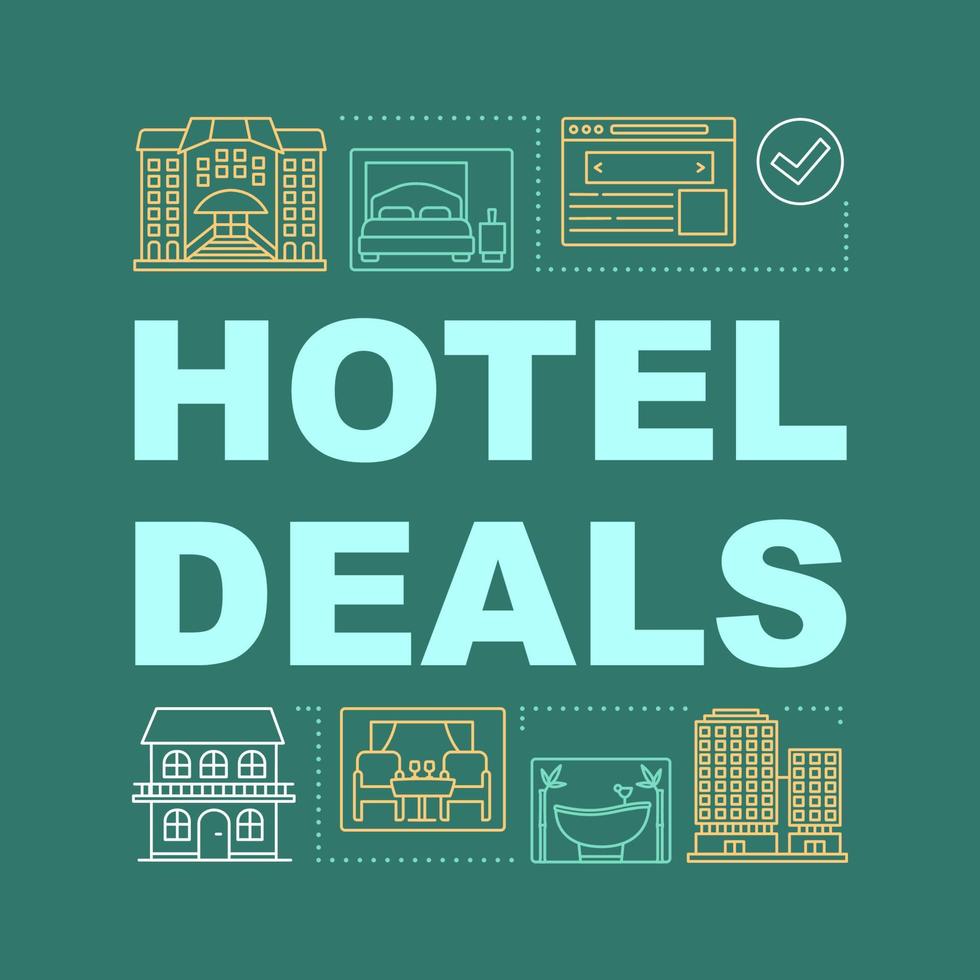 Hotel deals word concepts banner. Room reservation, apartment booking. Presentation, website. Isolated lettering typography idea with linear icons. Room amenities. Vector outline illustration