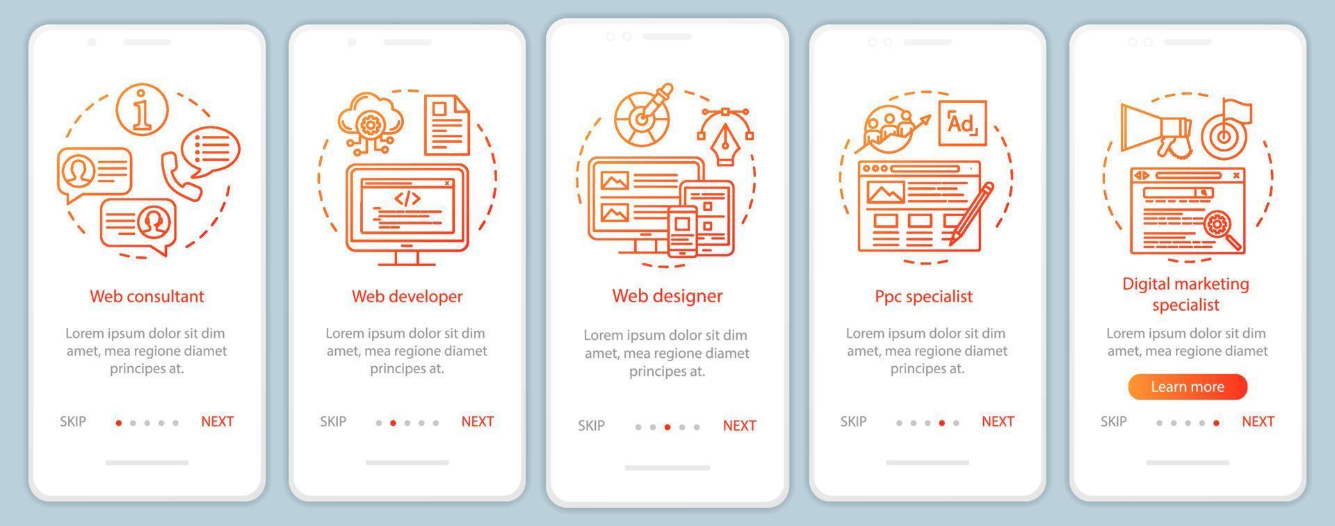 Web consulting onboarding mobile app page screen vector template. Website development. Digital marketing. Walkthrough website steps with linear illustrations. UX, UI, GUI smartphone interface concept