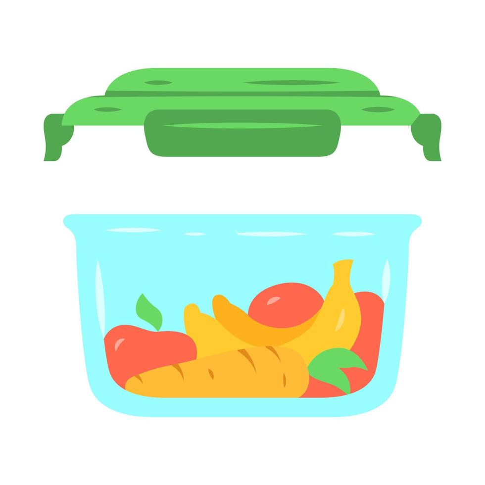 Food storage container flat design long shadow color icon. Zero waste swap. Plastic food packaging. Reusable lunch box. Fresh fruits and vegetables storage. Vector silhouette illustration