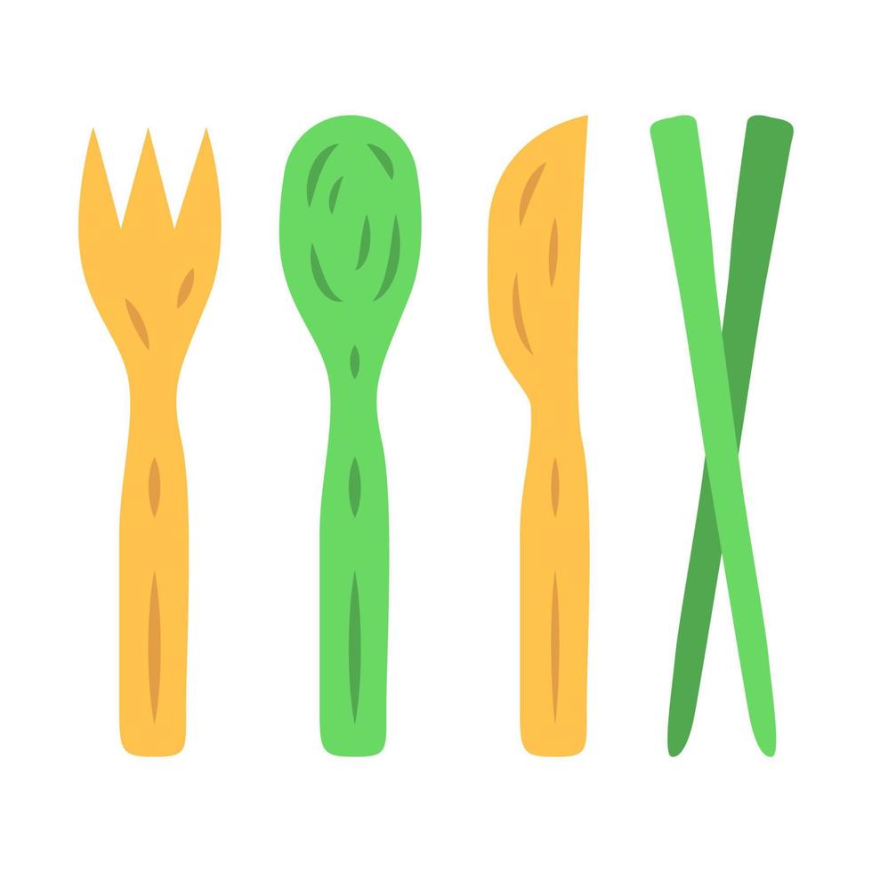 Bamboo travel utensils flat design long shadow color icon. Zero waste swap. Disposable, recycle, reusable material. Organic spoon, fork, knife, sticks. Wooden cutlery. Vector silhouette illustration