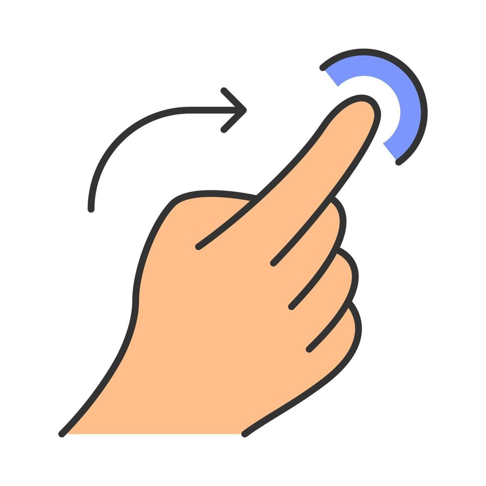 Flick right gesturing color icon.Touchscreen gesture. Human hand and fingers. Tap, point, click. Using sensory devices. Isolated vector illustration