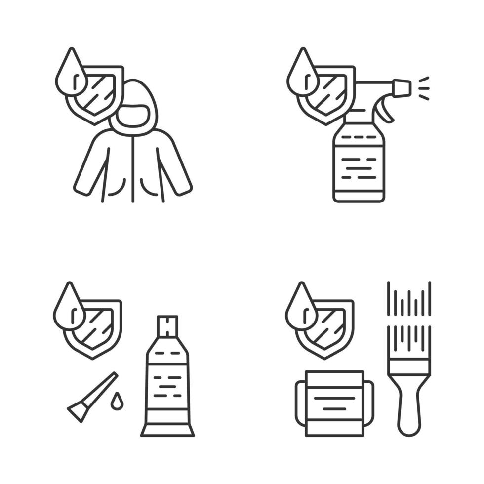 Waterproofing linear icons set. Water resistant materials. Waterproof coat, spray, sealant, paint. Liquid protection. Thin line contour symbols. Isolated vector outline illustrations. Editable stroke