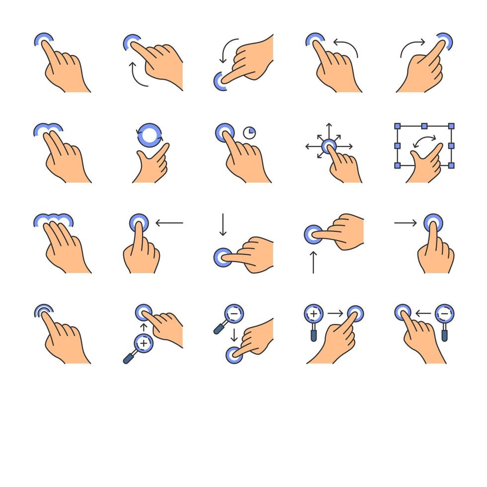 Touchscreen gestures color icons set. Tap, point, 2x tap, 3x click gesturing. Flick, zoom gesture. Vertical, horizontal scroll up, down. Drag finger all directions. Isolated vector illustrations