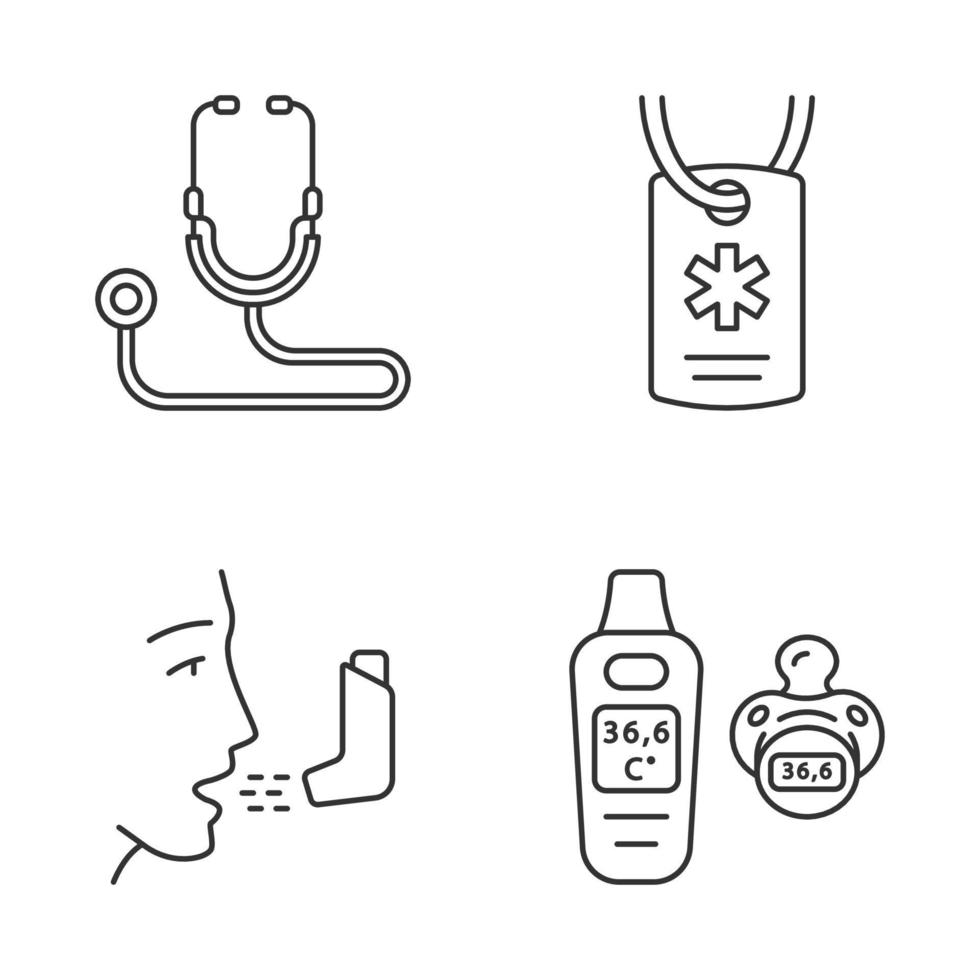 Medical devices linear icons set. Stethoscope, medical alert ID necklace, inhaler, baby thermometer. Health monitor. Thin line contour symbols. Isolated vector outline illustrations. Editable stroke