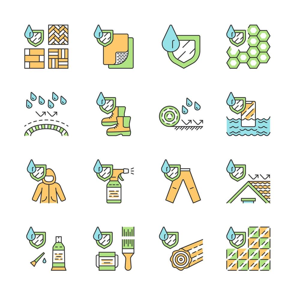 Waterproofing color icons set. Water resistant materials, fabric, surfaces. Waterproof flooring, membrane, sealant, paint, raincoat, log, roof, phone, spray and boots. Isolated vector illustrations