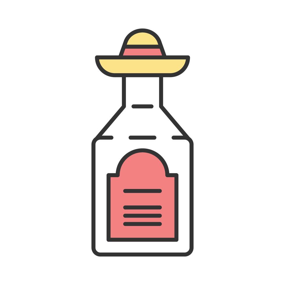 Tequila color icon. Mexican strong alcoholic drink. Bottle with sombrero bung. Isolated vector illustration