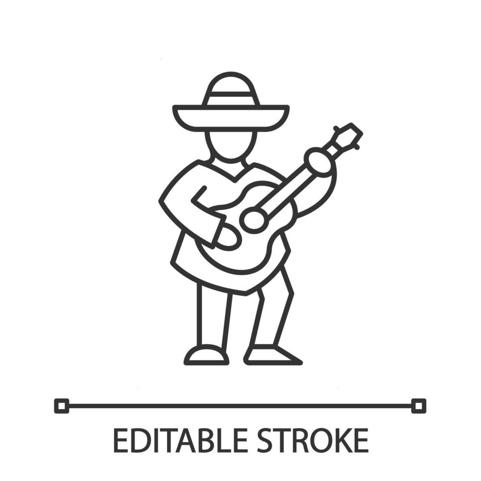Mexican with guitar linear icon. Latin musician. Guitar player in sombrero. Thin line illustration. Contour symbol. Vector isolated outline drawing. Editable stroke