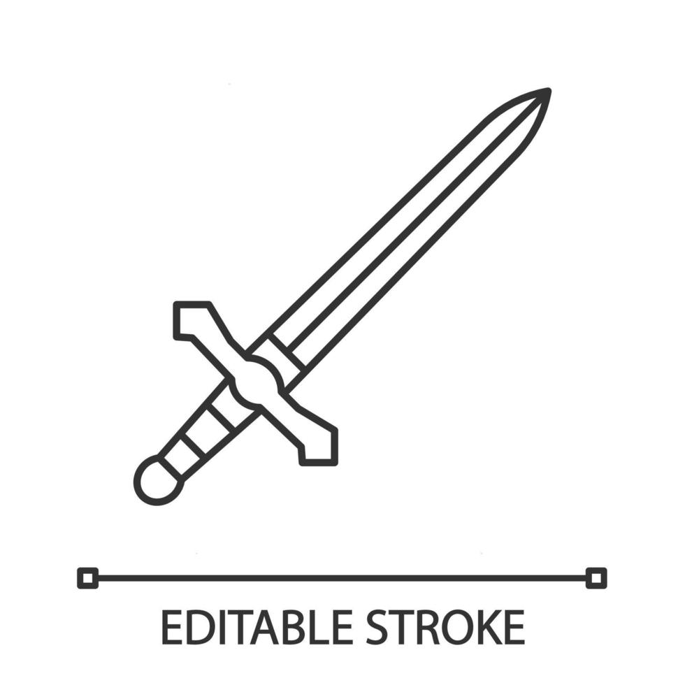 Metal dagger knight sword linear icon. Weapon for medieval warrior. Long blade. Sword for sparring and fight. Thin line illustration. Contour symbol. Vector isolated outline drawing. Editable stroke