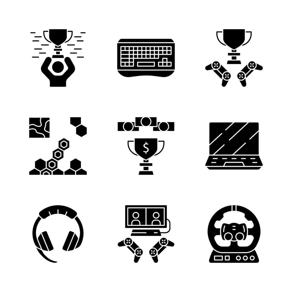 Esports glyph icons set. Gaming gadgets and accessories. Winner cup. Strategy game. Gamer hardware. Silhouette symbols. Vector isolated illustration