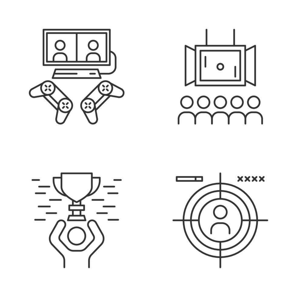 Esports linear icons set. Gaming arena. Multiplayer video game. Tournament broadcast. Champion award. First-person shooter. Thin line contour symbols. Isolated vector outline icons. Editable stroke