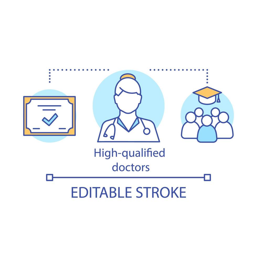 High qualified doctors concept icon. Medic with higher education. Medical university graduates. Certified physician idea thin line illustration. Vector isolated outline drawing. Editable stroke