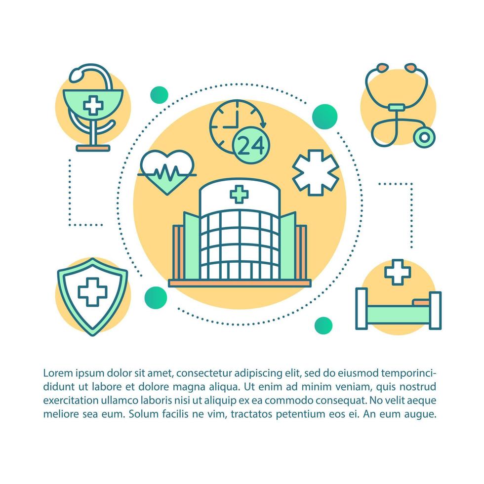 Medical center article page vector template. Ambulance station. Full spectrum health care. Brochure, magazine, booklet design element with linear icons and text boxes. Print design