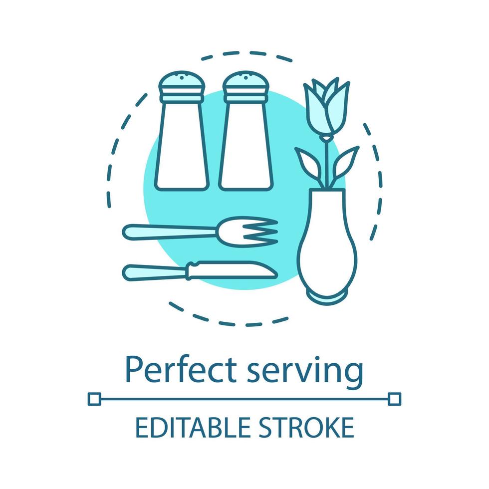 Perfect serving concept icon. Cafe table reservation. Food industry. Cutlery, salt, pepper, flower. Table setting idea thin line illustration. Vector isolated outline drawing. Editable stroke