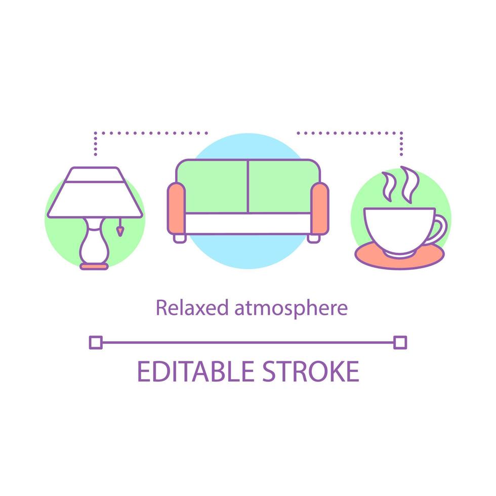 Relaxed atmosphere concept icon. Lounge. Rest room, hotel, snuggery. Sofa, table lamp, cup with hot drink. Cozy apartment idea thin line illustration. Vector isolated outline drawing. Editable stroke