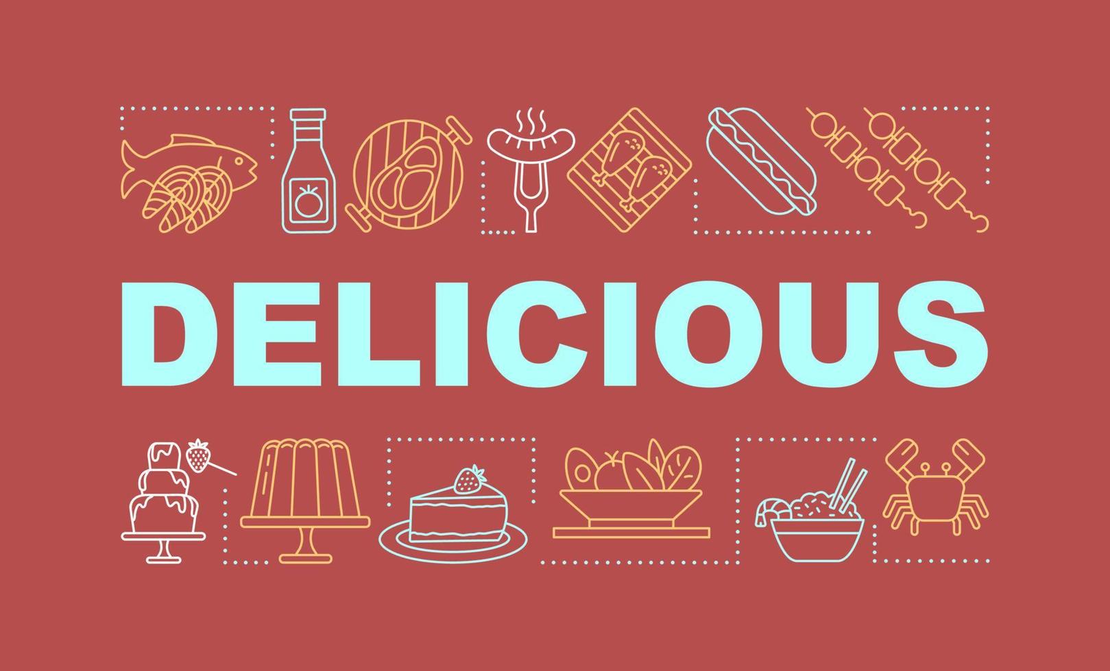 banner de conceptos de palabras de comida deliciosa. Comida sabrosa. Industria del catering. presentación del menú del restaurante, sitio web. idea de tipografía de letras aisladas con iconos lineales. ilustración de contorno vectorial vector