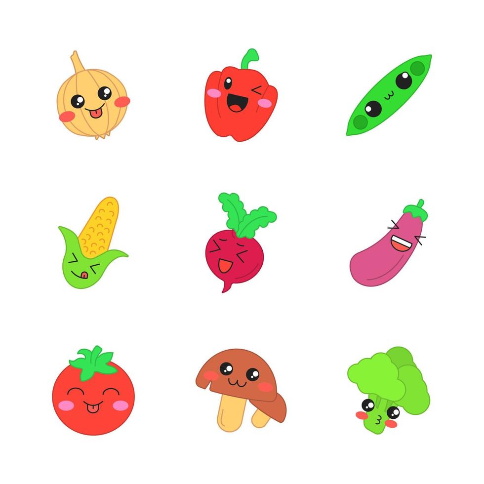 verduras lindos personajes vectoriales kawaii. cebolla, pimiento, remolacha con caras sonrientes y besadas. maíz, tomate, brócoli. emoji divertido, juego de emoticonos. comida de risa. ilustración de color de dibujos animados aislados vector