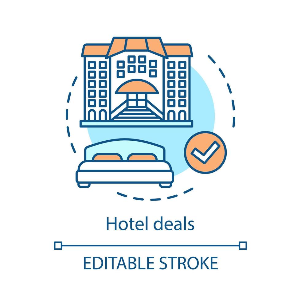 Hotel deals concept icon. Room reservation. Apartment, suite booking. Hostel, dormitory, motel. Idea thin line illustration. Vector isolated outline drawing. Editable stroke