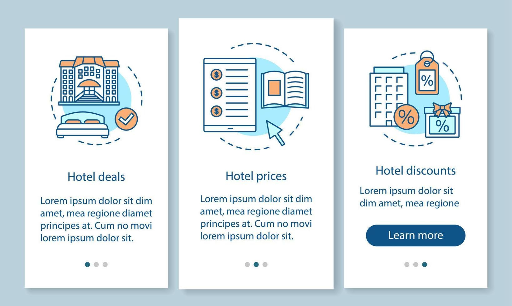 Hotel onboarding mobile app page screen with linear concepts. Apartment booking, reservation. Deals, prices, discounts walkthrough graphic instructions. UX, UI, GUI vector template with illustrations