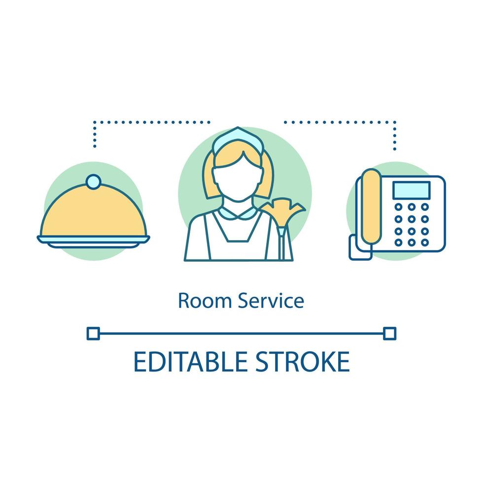Room service concept icon. In-room dining, cleaning idea thin line illustration. Phone, maid, serving tray with lid. Hotel amenities. Vector isolated outline drawing. Editable stroke