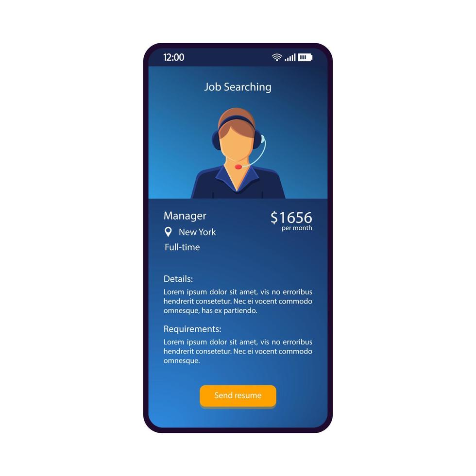 plantilla de vector de interfaz de teléfono inteligente de aplicación de búsqueda de empleo. diseño de diseño azul de página móvil. descripción del trabajo, pantalla del sitio web de perfil. interfaz de usuario plana para la aplicación. contratación, servicio de empleo. pantalla del teléfono