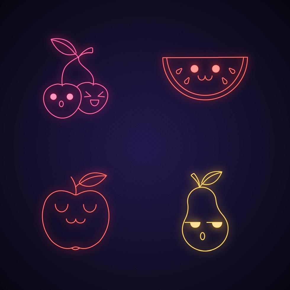 Fruits cute kawaii neon light characters. Watermelon and cherry with smiling face. Happy apple and sad pear. Funny emoji, emoticon, smile. Glowing icons. Vector isolated illustration