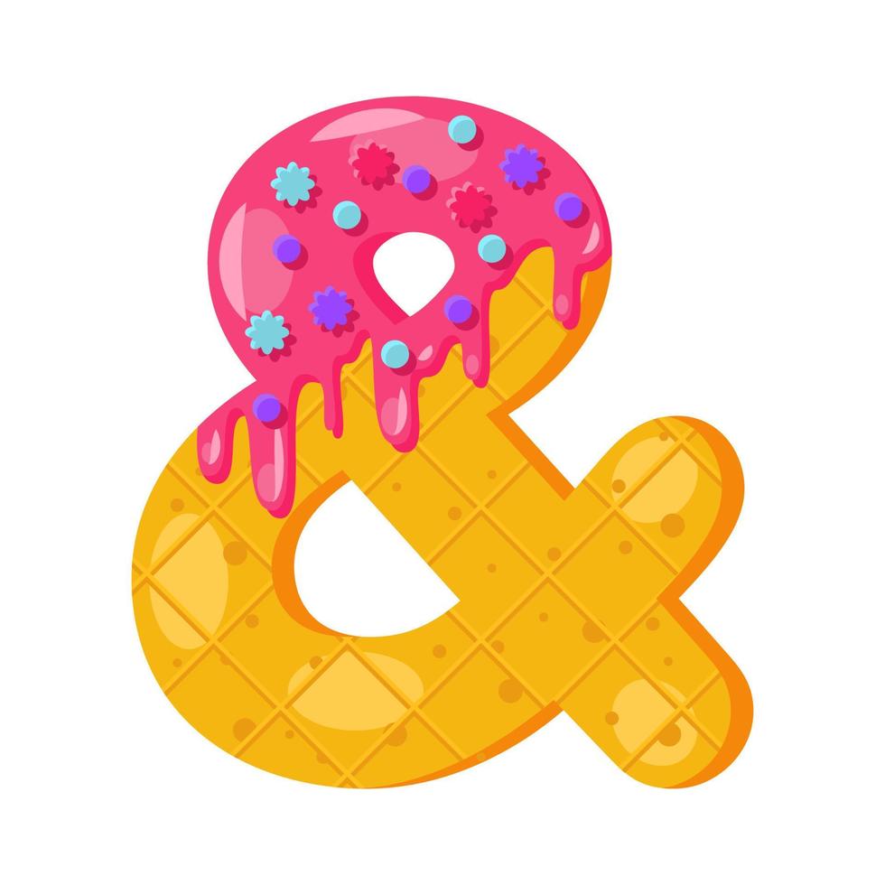 Ilustración de vector de símbolo de ampersand de dibujos animados de donut. estilo de fuente de galleta. signo de matemáticas en negrita vidriado con glaseado. tentadora tipografía de diseño plano. galletas, signo de gofre. pastelería, panadería clipart aislado