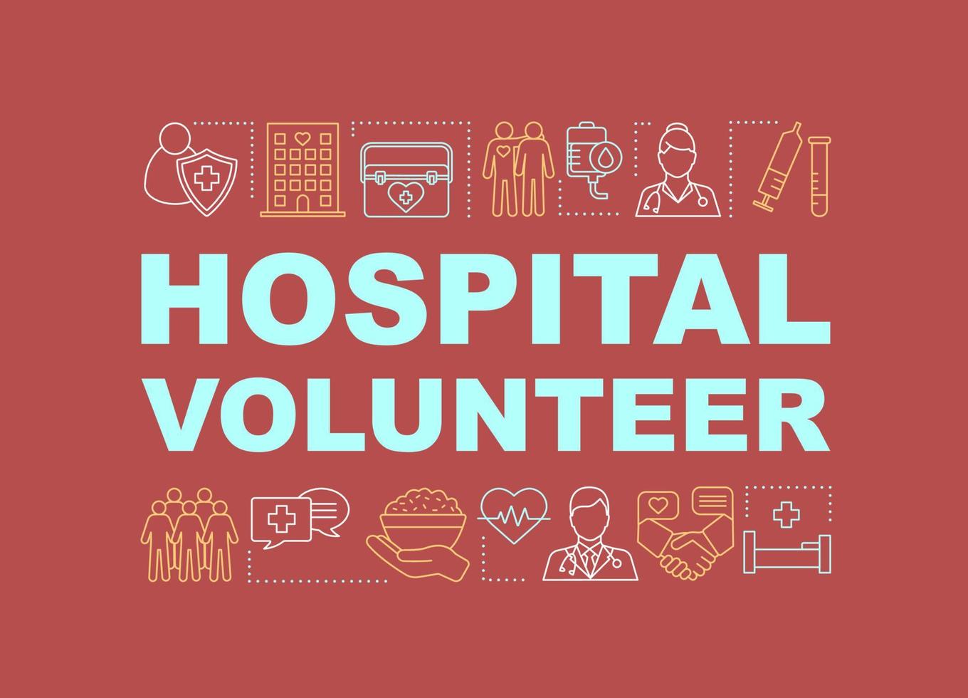 Hospital volunteer word concepts banner. Hospice care. Medicine and healthcare. Medical assistance. Presentation, website. Isolated lettering typography with linear icons. Vector outline illustration