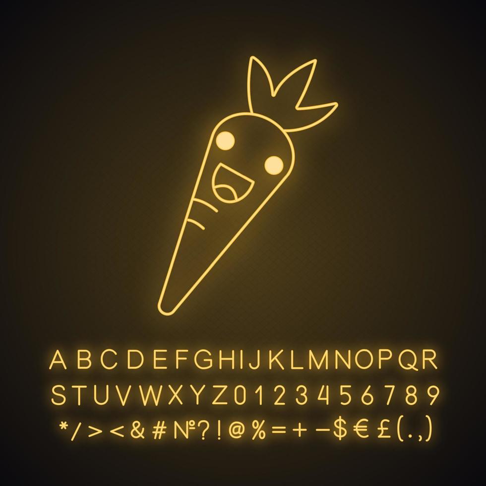 Carrot cute kawaii neon light character. Vegetable with smiling face. Happy food. Funny emoji, emoticon, smile. Glowing icon with alphabet, numbers, symbols. Vector isolated illustration