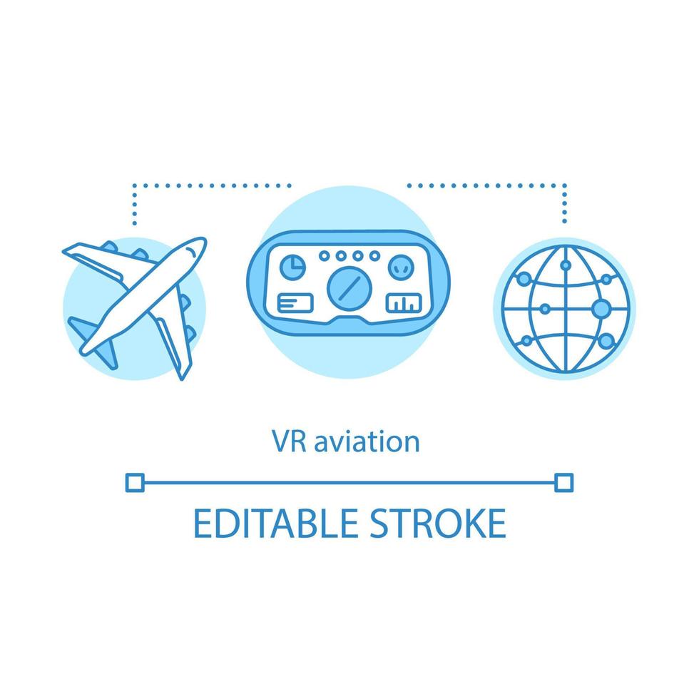 VR aviation concept icon. Pilot training and simulation. In-flight simulator. Virtual reality training airlines personal idea thin line illustration. Vector isolated outline drawing. Editable stroke