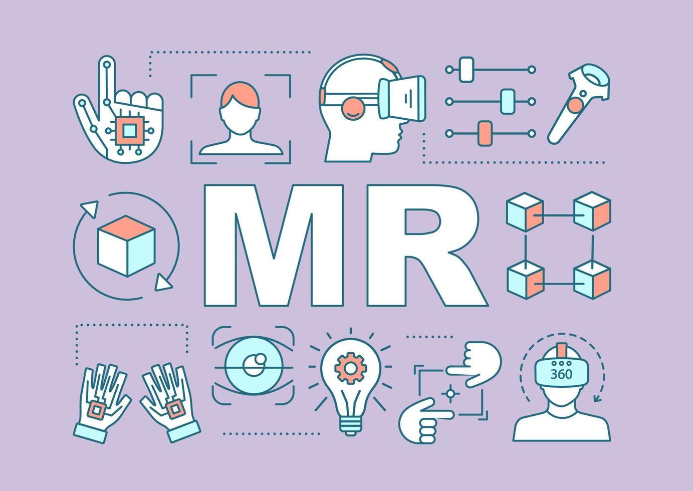 Mixed reality word concepts banner. Augmented, extended reality possibilities. MR devices. Presentation, website. Isolated lettering typography idea with linear icons. Vector outline illustration