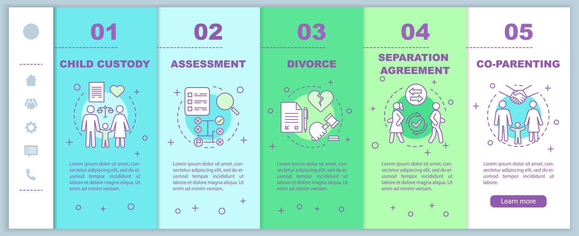 plantilla de vector de páginas web móviles de incorporación de custodia infantil. divorcio, acuerdo de separación, coparentalidad. idea de interfaz de sitio web de teléfono inteligente sensible. pantallas de pasos del tutorial de la página web. concepto de color