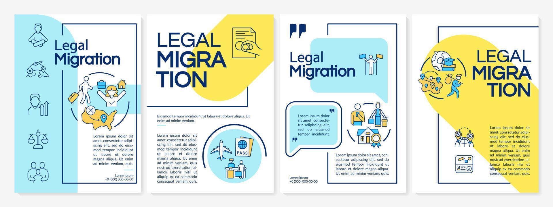 Legal migration blue and yellow brochure template. Relocation to other country. Leaflet design with linear icons. 4 vector layouts for presentation, annual reports. Questrial, Lato-Regular fonts used