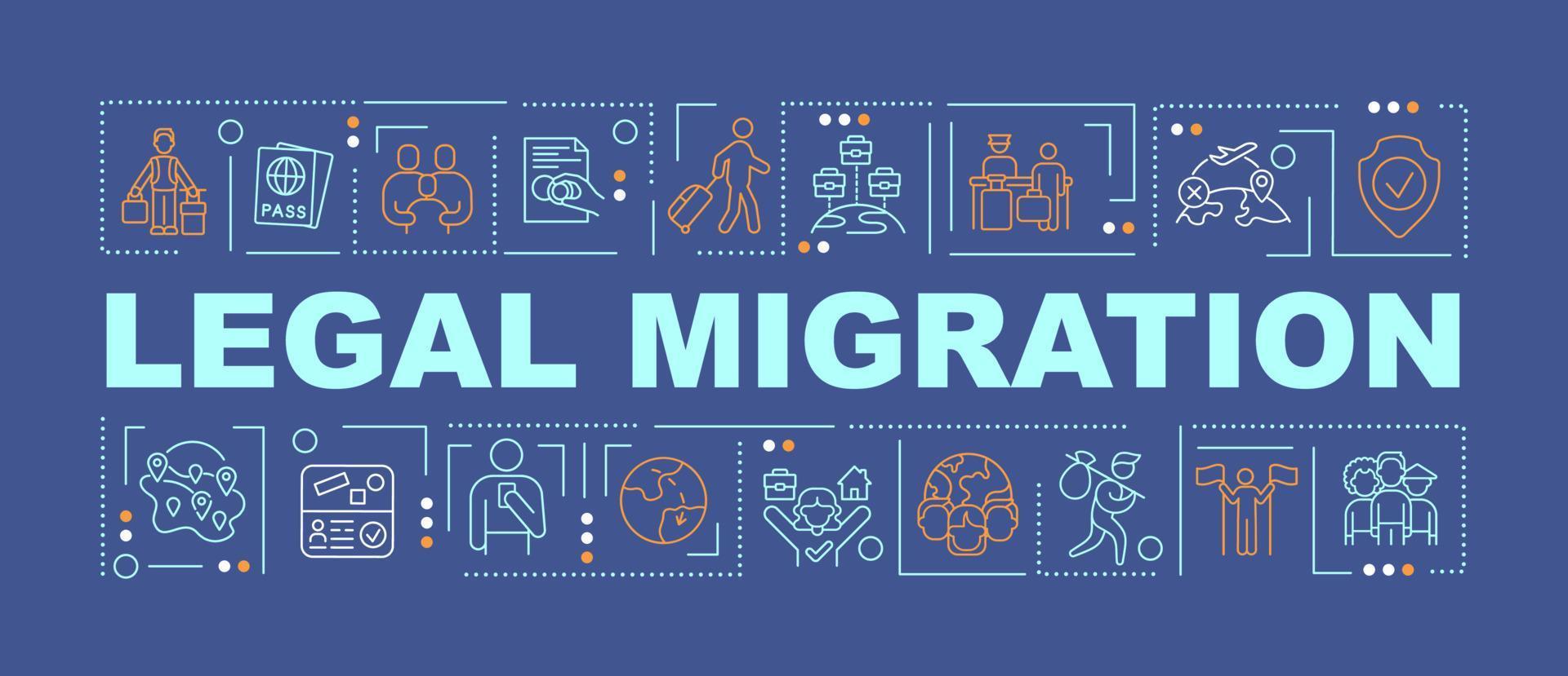 Legal migration word concepts dark blue banner. Relocation reasons. Infographics with icons on color background. Isolated typography. Vector illustration with text. Arial-Black font used