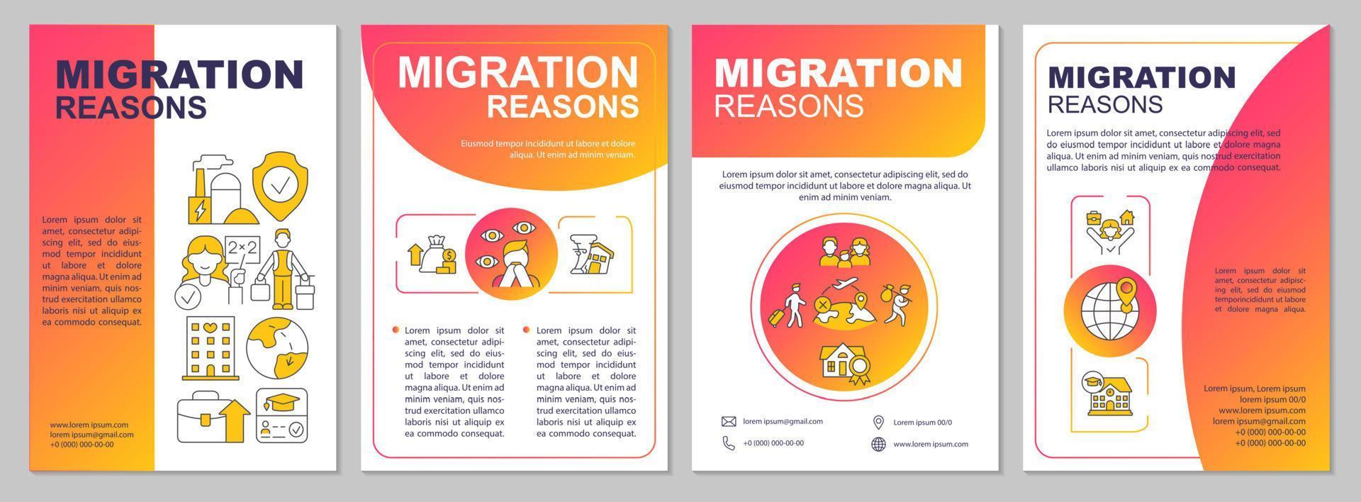 Migration reasons red gradient brochure template. Relocation causes. Leaflet design with linear icons. 4 vector layouts for presentation, annual reports. Arial, Myriad Pro-Regular fonts used