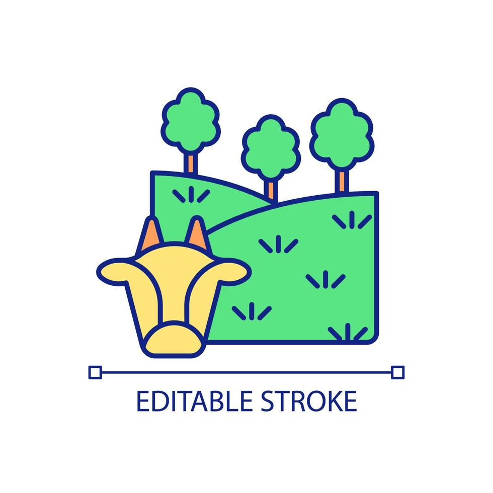 Grazing areas for cattle RGB color icon. Pastureland importance for farming. Livestock industry. Isolated vector illustration. Simple filled line drawing. Editable stroke. Arial font used