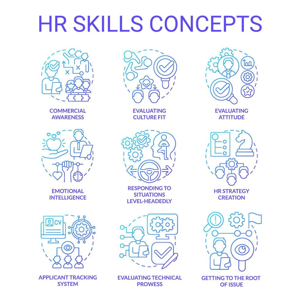 HR skills blue gradient concept icons set. Human resources. Business and career idea thin line color illustrations. Isolated symbols. Editable stroke. Roboto-Medium, Myriad Pro-Bold fonts used vector