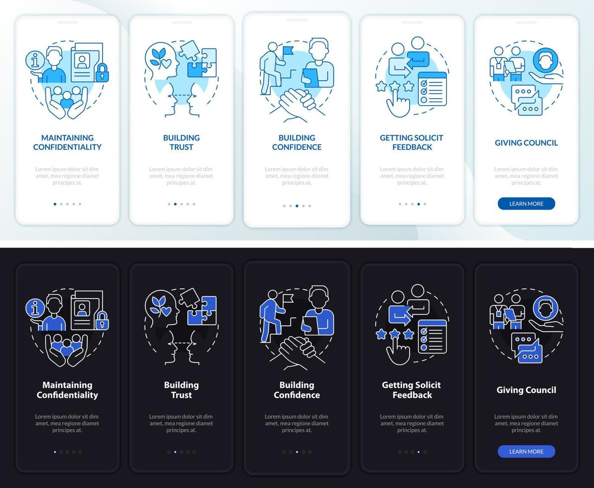 HR communicative skills night and day mode onboarding mobile app screen. Walkthrough 5 steps graphic instructions pages with linear concepts. UI, UX, GUI template. Myriad Pro-Bold, Regular fonts used vector