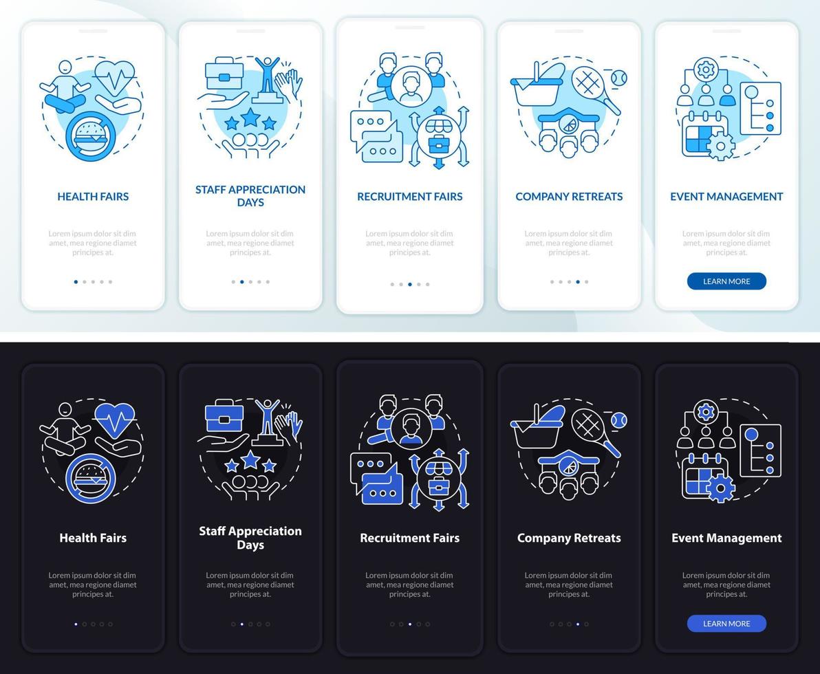 Pantalla de la aplicación móvil de incorporación del modo día y noche de habilidades de recursos humanos. tutorial corporativo 5 pasos páginas de instrucciones gráficas con conceptos lineales. interfaz de usuario, ux, plantilla de interfaz gráfica de usuario. innumerables fuentes pro-negrita y regulares utilizadas vector