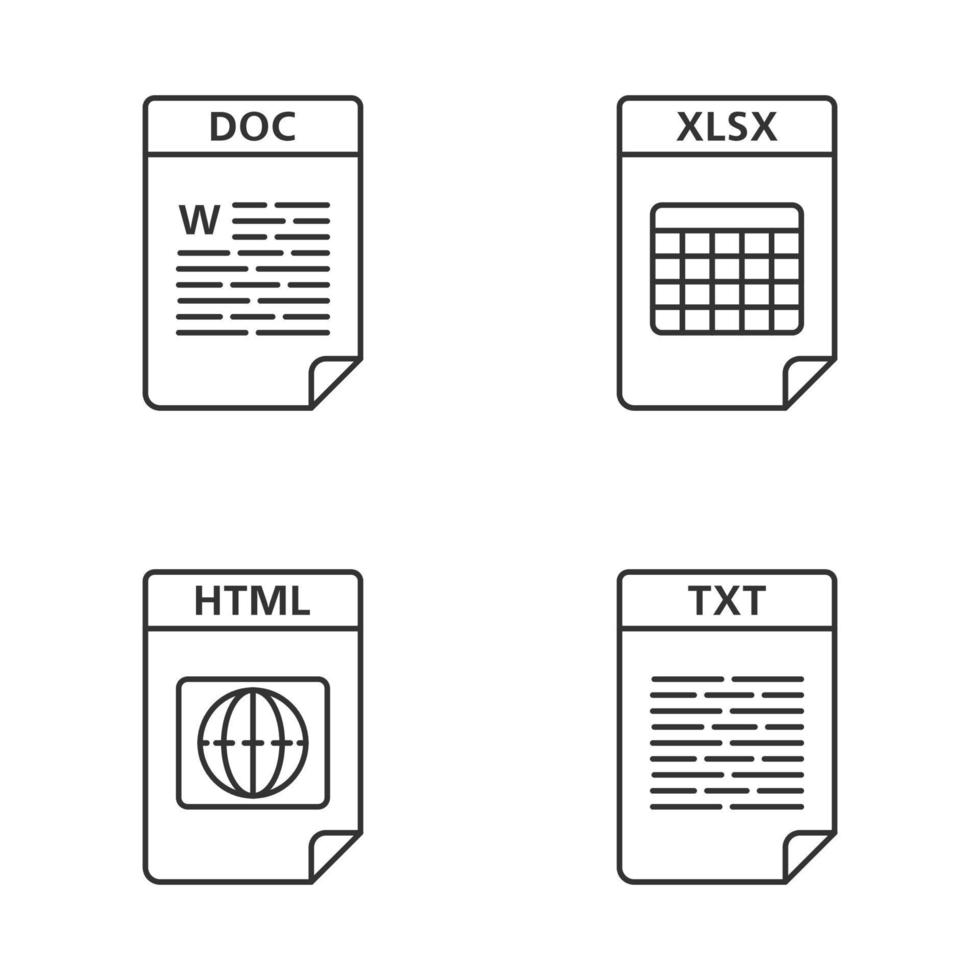 conjunto de iconos lineales de formato de archivos. web de texto y archivos de datos. doc, xlsx, html, txt. símbolos de contorno de línea delgada. ilustraciones aisladas de contorno vectorial. trazo editable vector