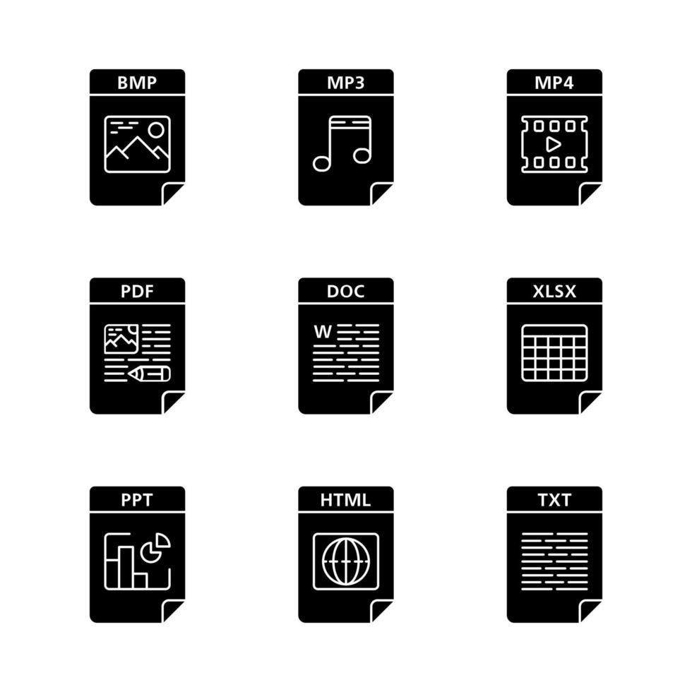 Files format glyph icons set. Image, multimedia, text, spreadsheet, webpage files. BMP, MP3, MP4, PDF, DOC, XLSX, PPT, HTML, TXT. Silhouette symbols. Vector isolated illustration