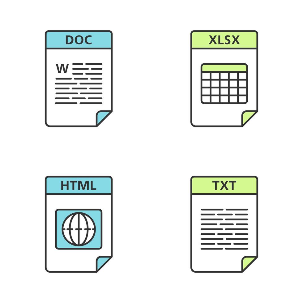 Files format color icons set. Text, web and data files. DOC, XLSX, HTML, TXT. Isolated vector illustrations