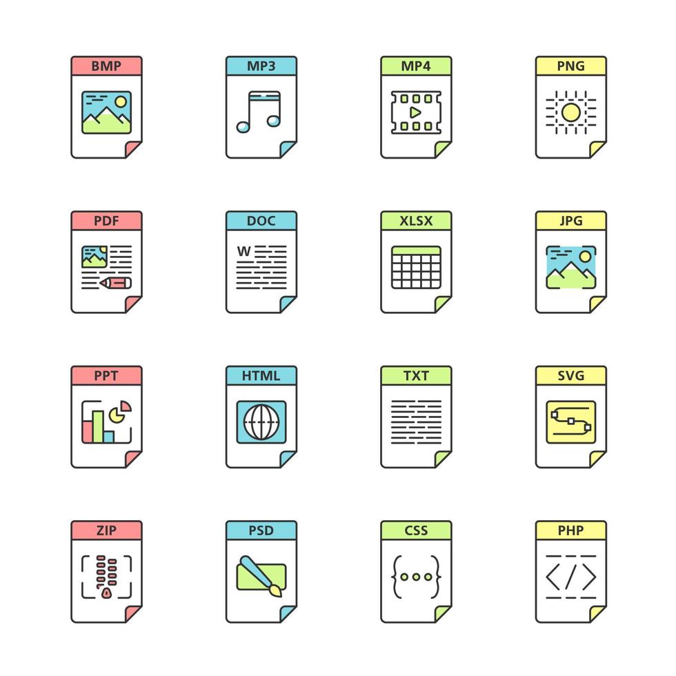 Files format color icons set. Multimedia, text, image, web digital files. BMP, MP3, MP4, PNG, PDF, DOC, XLSX, JPG, PPT, HTML, TXT, SVG, ZIP, PHP, CSS, PSD. Isolated vector illustrations